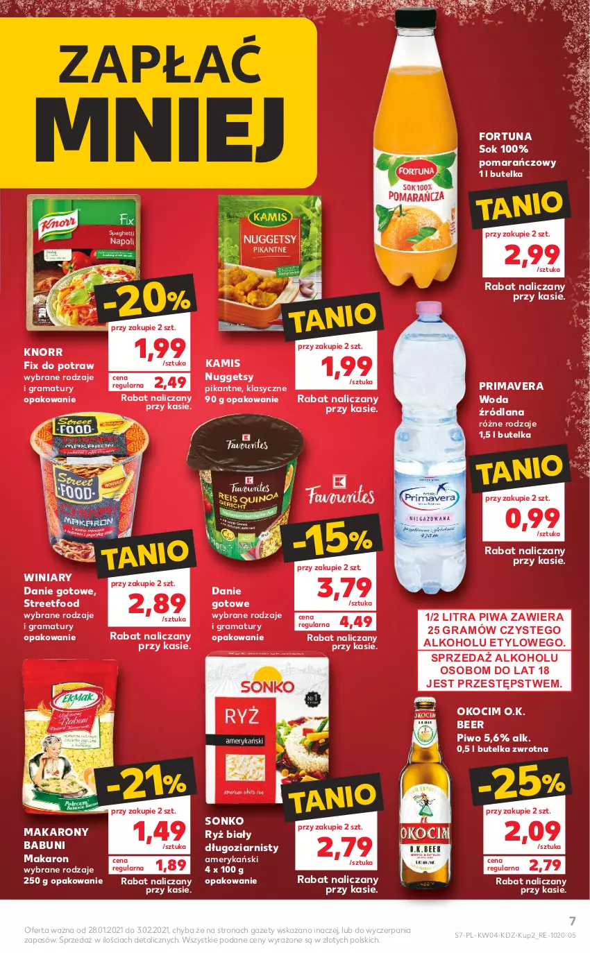 Gazetka promocyjna Kaufland - Tylko Bałwan Przepłaca - ważna 28.01 do 03.02.2021 - strona 7 - produkty: Babuni, Danie gotowe, Fortuna, Gra, Kamis, Knorr, Koc, LANA, Makaron, Okocim, Piwa, Piwo, Prima, Primavera, Rama, Ryż, Ryż biały, Sok, Sonko, Winiary, Woda