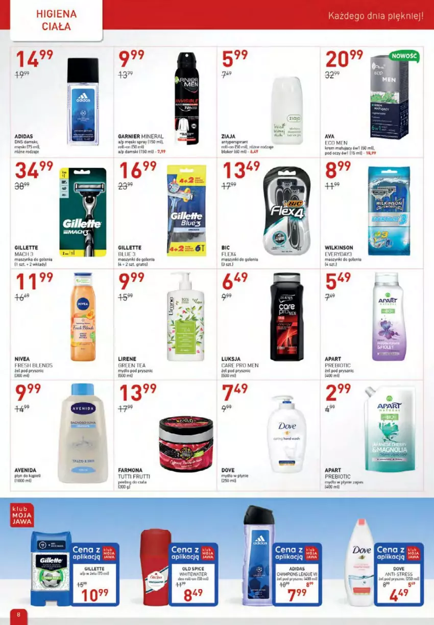 Gazetka promocyjna Drogerie Jawa - ważna 01.07 do 04.08.2021 - strona 8 - produkty: Adidas, BIC, Dove, Fa, Garnier, Gillette, Gra, Lirene, Luksja, Maszynka, Mydło, Mydło w płynie, Nivea, Old Spice, Płyn do kąpieli, Szynka, Ziaja