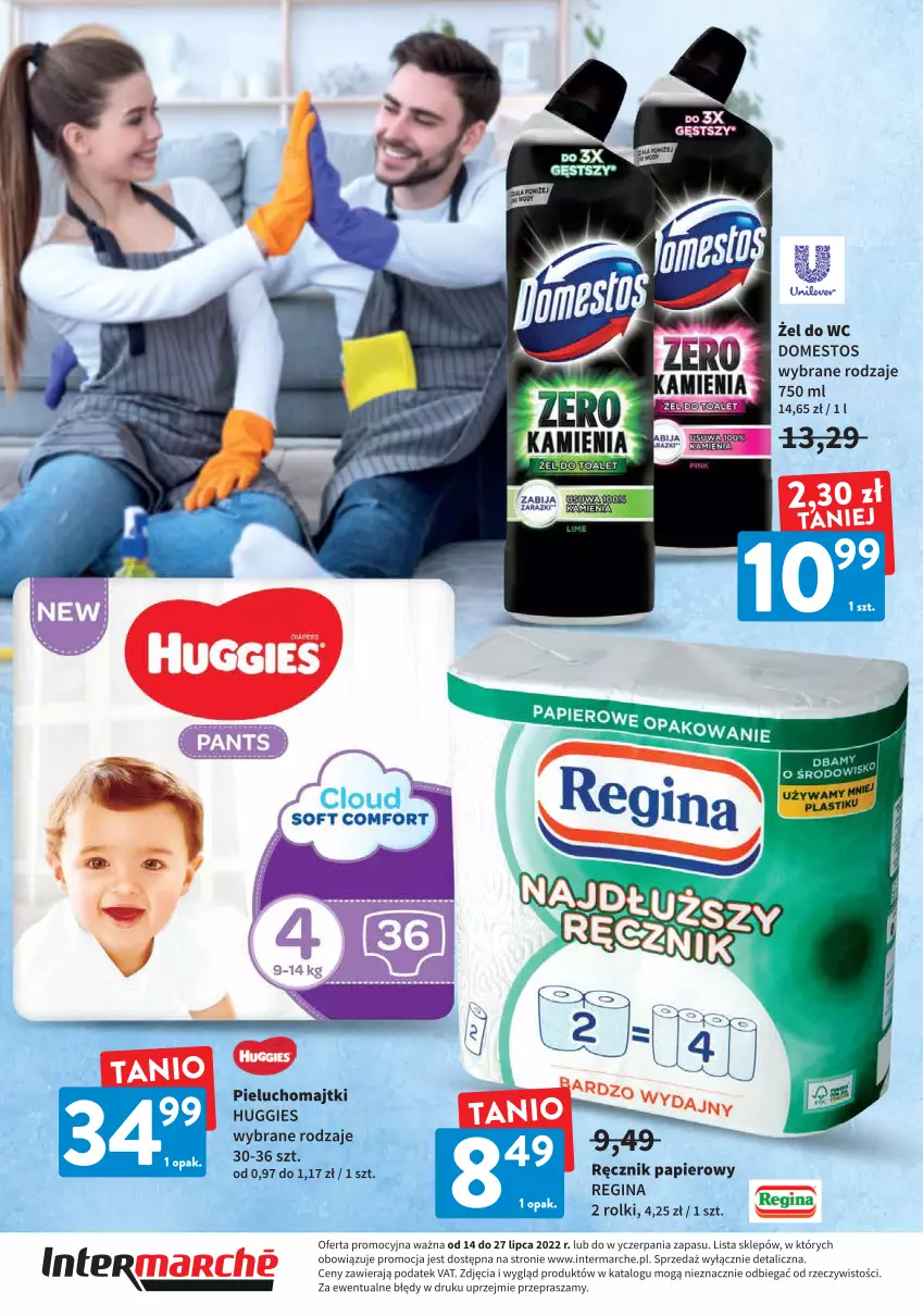 Gazetka promocyjna Intermarche - Chemia - ważna 14.07 do 27.07.2022 - strona 12 - produkty: Domestos, Gin, Huggies, Majtki, Papier, Pieluchomajtki, Ręcznik, Rolki