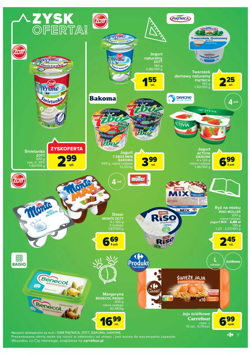 Gazetka promocyjna Carrefour - Gazetka Szalona 5 Market Łomża - ważna 16.08 do 28.08.2022 - strona 7 - produkty: Activia, Bakoma, Benecol, Danone, Deser, Jaja, Jogurt, Margaryna, Monte, Piątnica, Ryż, Ryż na mleku, Ser, Zott