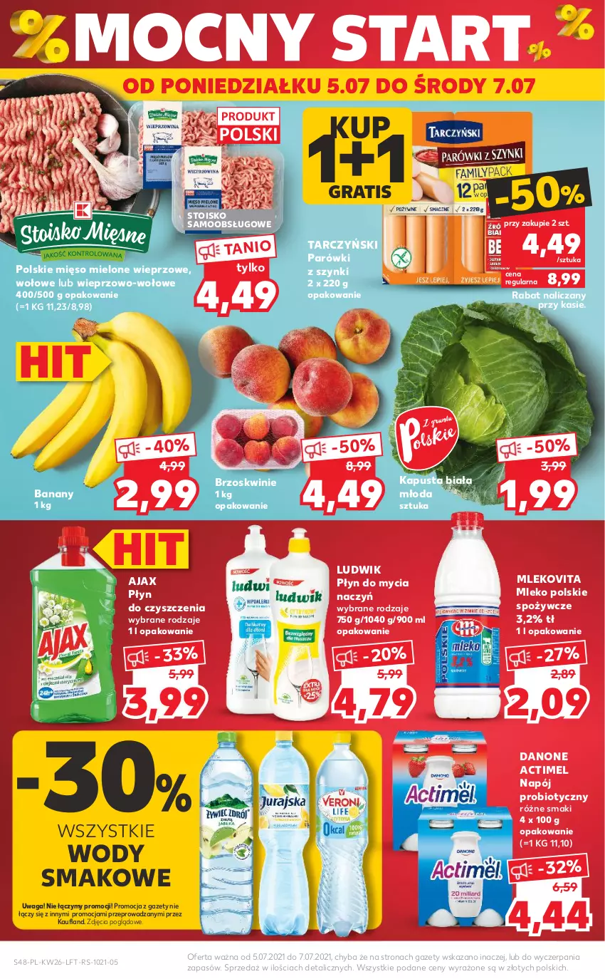 Gazetka promocyjna Kaufland - OFERTA TYGODNIA - ważna 01.07 do 07.07.2021 - strona 48 - produkty: Actimel, Ajax, Banany, Brzoskwinie, Danone, Do mycia naczyń, Gra, Ludwik, Mięso, Mięso mielone, Mleko, Mlekovita, Napój, Parówki, Parówki z szynki, Płyn do mycia, Płyn do mycia naczyń, Tarczyński, Waga