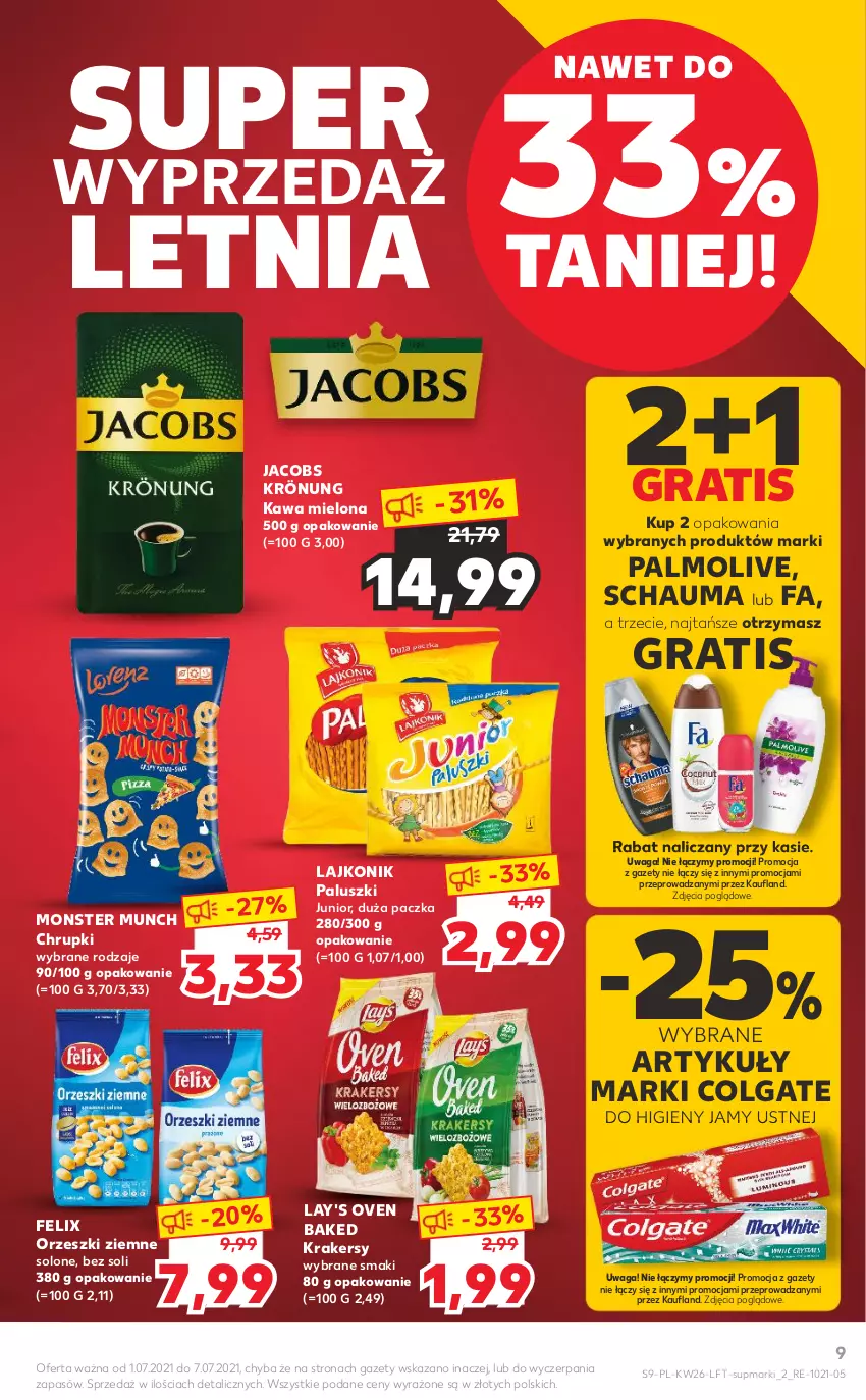 Gazetka promocyjna Kaufland - OFERTA TYGODNIA - ważna 01.07 do 07.07.2021 - strona 9 - produkty: Chrupki, Colgate, Fa, Felix, Gra, Jacobs, Jacobs Krönung, Kawa, Kawa mielona, Krakersy, Lajkonik, LG, Monster Munch, Orzeszki, Orzeszki ziemne, Palmolive, Schauma, Waga