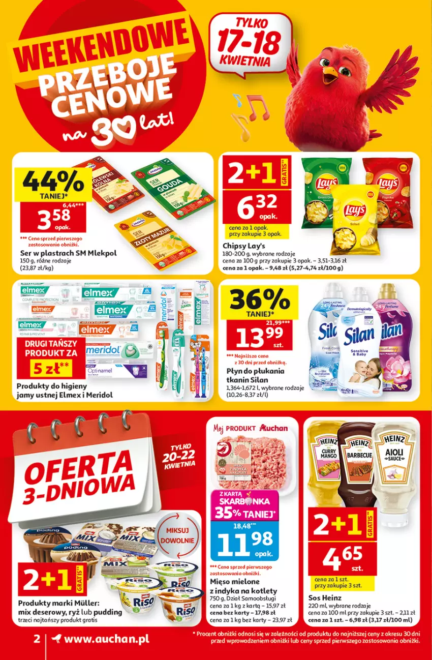 Gazetka promocyjna Auchan - 30 Lat Supermarket - ważna 16.04 do 22.04.2026 - strona 2 - produkty: Chipsy, Deser, Elmex, Gra, Heinz, Kotlet, Mięso, Mięso mielone, Płyn do płukania, Pudding, Ryż, Ser, Silan, Sos