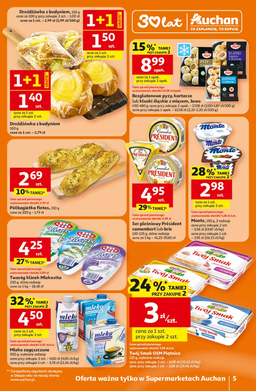 Gazetka promocyjna Auchan - 30 Lat Supermarket - ważna 16.04 do 22.04.2026 - strona 5 - produkty: Bagietka, Brie, Camembert, Mleko, Mleko zagęszczone, Mlekovita, Monte, Półbagietka, Ser, Ser pleśniowy, Twaróg