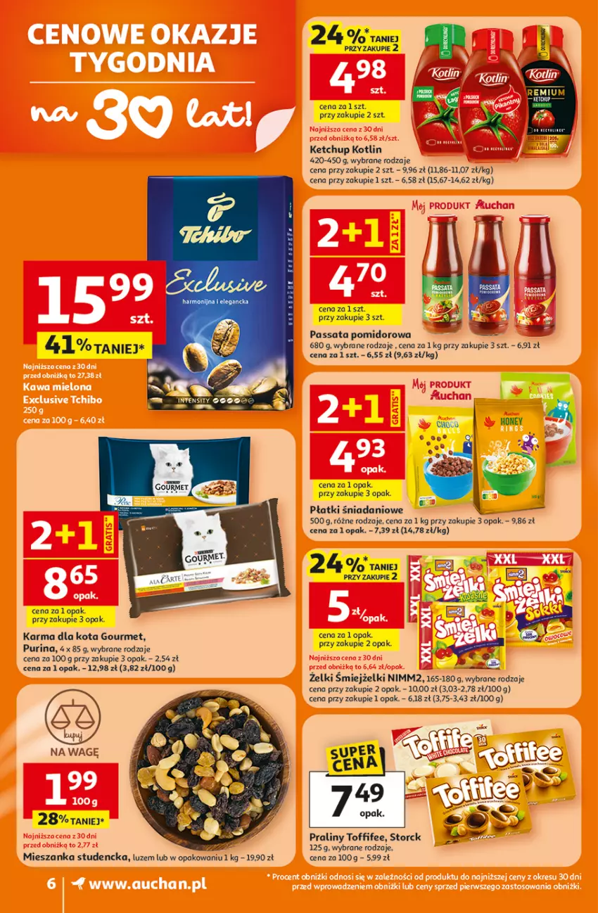 Gazetka promocyjna Auchan - 30 Lat Supermarket - ważna 16.04 do 22.04.2026 - strona 6 - produkty: Danio, Ketchup, Kotlin, Mieszanka studencka, Nimm2, Praliny, Pur, Purina, Toffifee