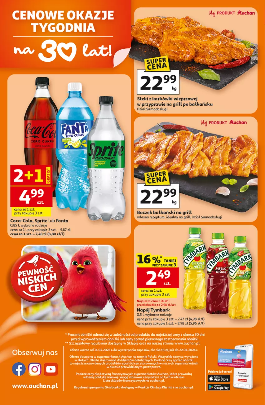 Gazetka promocyjna Auchan - 30 Lat Supermarket - ważna 16.04 do 22.04.2026 - strona 8 - produkty: Boczek, Coca-Cola, Fa, Fanta, Grill, Napój, Sprite, Stek, Tymbark