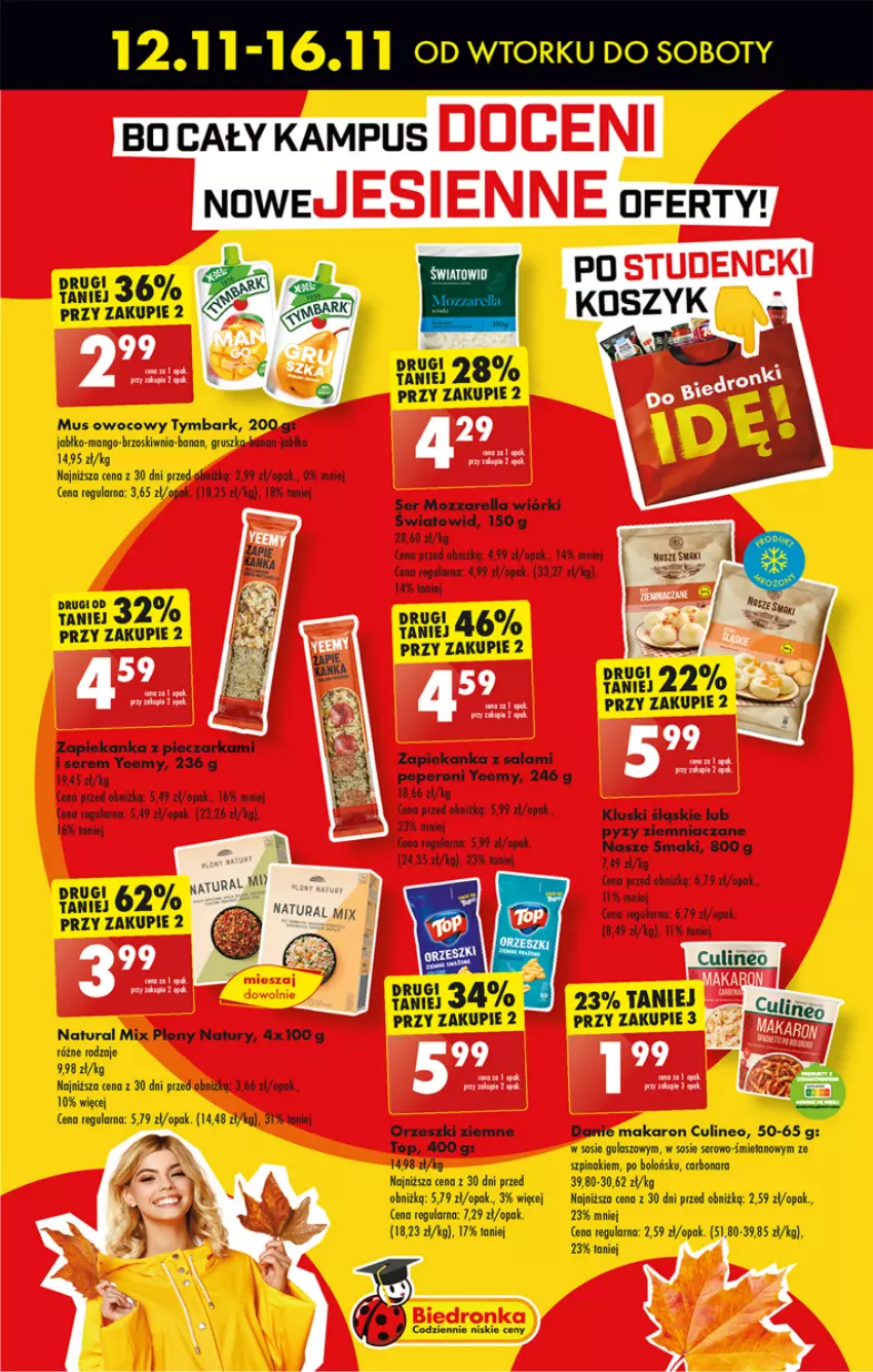 Gazetka promocyjna Biedronka - Od Czwartku - ważna 14.11 do 20.11.2024 - strona 72 - produkty: Makaron, Mango, Mozzarella, Mus, Orzeszki, Orzeszki ziemne, Piec, Pieczarka, Pur, Salami, Ser, Sos, Szpinak, Tymbark, Zapiekanka