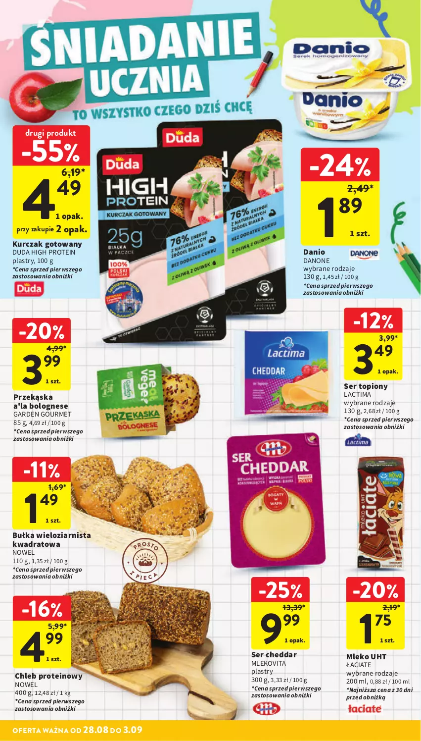 Gazetka promocyjna Intermarche - Gazetka promocyjna - ważna 28.08 do 03.09.2025 - strona 10 - produkty: Bułka, Bułka wieloziarnista, Cheddar, Chleb, Chleb proteinowy, Danio, Danone, Duda, Kurczak, Kurczak gotowany, Mleko, Mlekovita, Ser, Ser topiony, Top