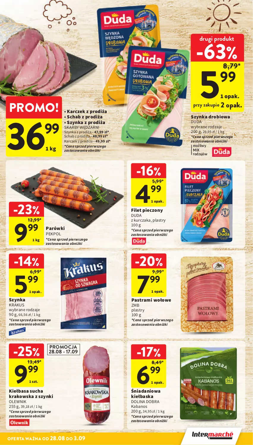 Gazetka promocyjna Intermarche - Gazetka promocyjna - ważna 28.08 do 03.09.2025 - strona 21 - produkty: Danio, Duda, Kabanos, Kiełbasa, Krakus, Kurczak, Olewnik, Parówki, Pekpol, Piec, Szynka