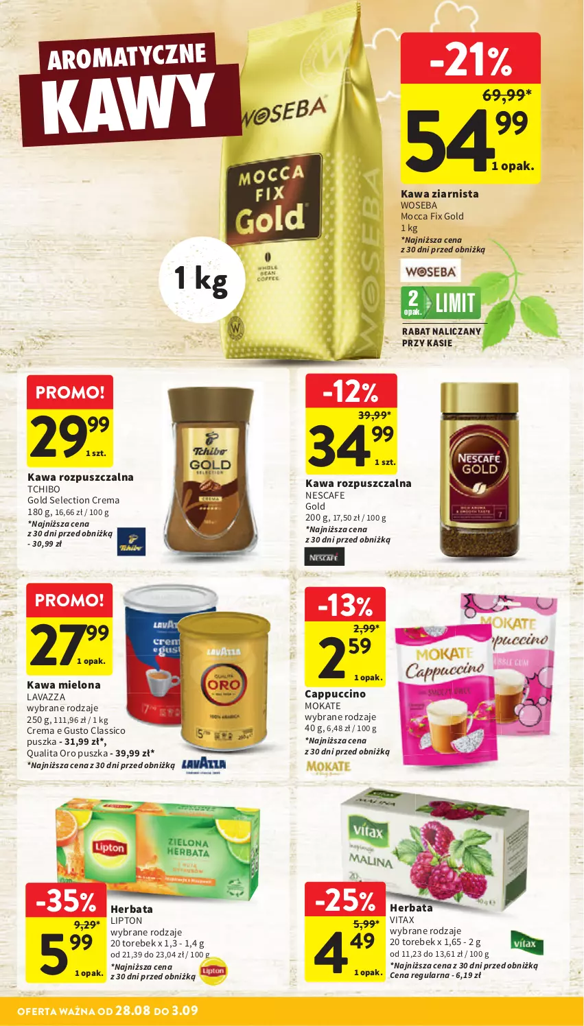 Gazetka promocyjna Intermarche - Gazetka promocyjna - ważna 28.08 do 03.09.2025 - strona 28 - produkty: Cappuccino, Herbata, Kawa, Kawa mielona, Kawa rozpuszczalna, Kawa ziarnista, Lavazza, Lipton, Mocca Fix Gold, Tchibo, Vitax, Woseba