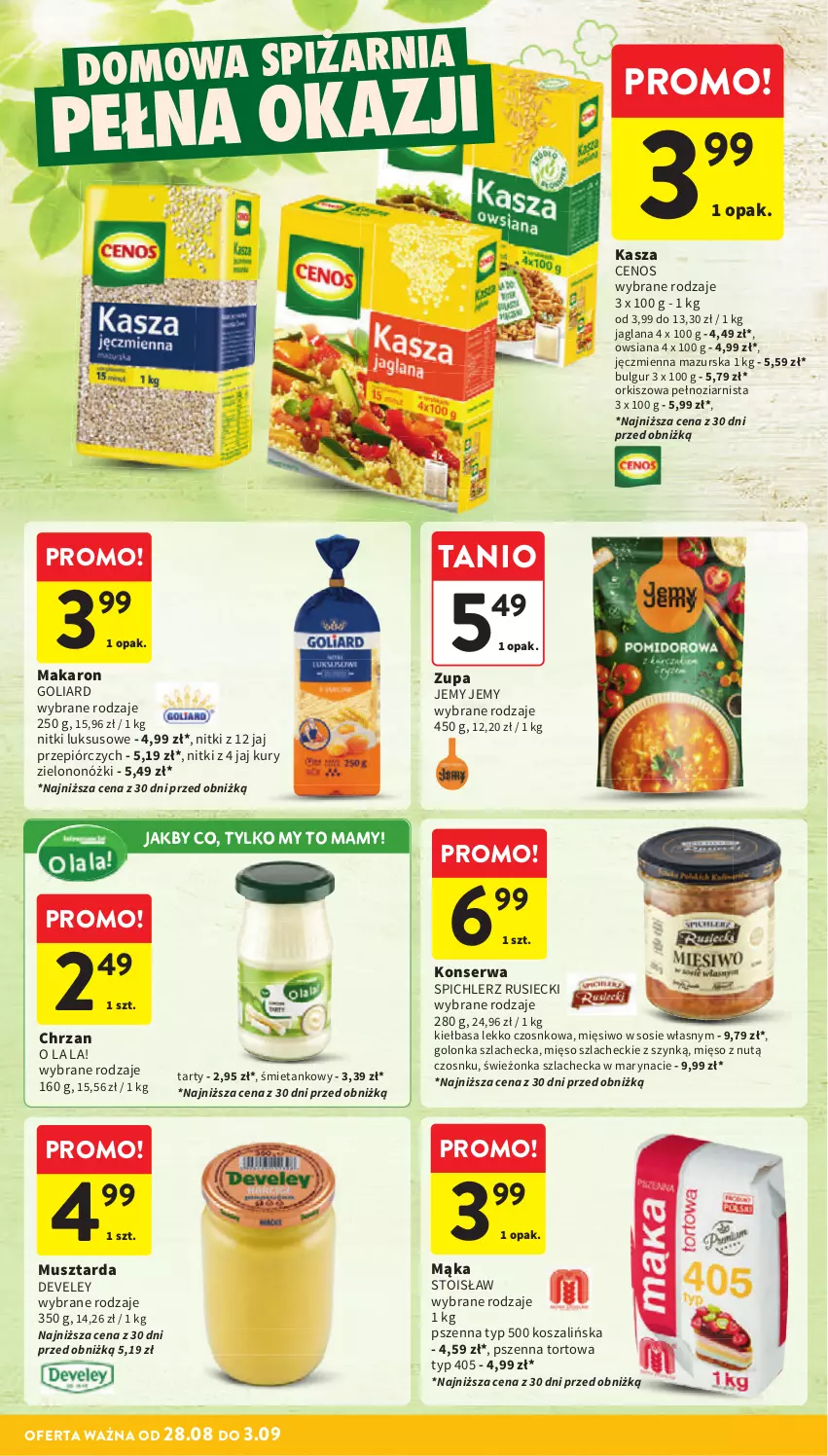 Gazetka promocyjna Intermarche - Gazetka promocyjna - ważna 28.08 do 03.09.2025 - strona 32 - produkty: Bulgur, Cenos, Chrzan, Goliard, Kasza, Kiełbasa, Kosz, LANA, LG, Mąka, Makaron, Mięso, Mus, Musztarda, Ser, Sos, Spichlerz Rusiecki, Szal, Zupa