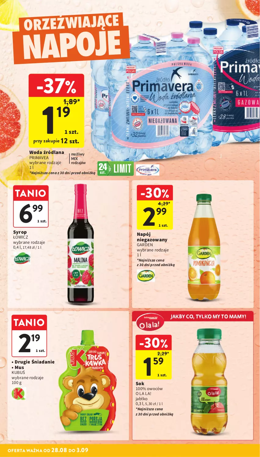 Gazetka promocyjna Intermarche - Gazetka promocyjna - ważna 28.08 do 03.09.2025 - strona 36 - produkty: Kubuś, LANA, Mus, Napój, Napój niegazowany, Napoje, Prima, Sok, Syrop, Woda