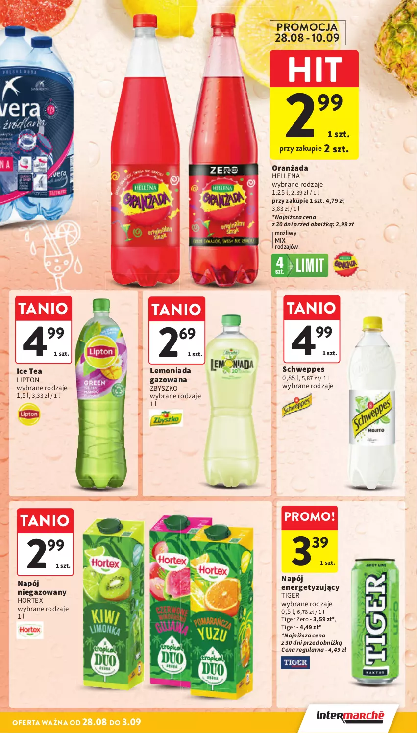 Gazetka promocyjna Intermarche - Gazetka promocyjna - ważna 28.08 do 03.09.2025 - strona 37 - produkty: Hellena, Hortex, Ice tea, Lemoniada, Lipton, Napój, Napój niegazowany, Oranżada, Schweppes, Tiger