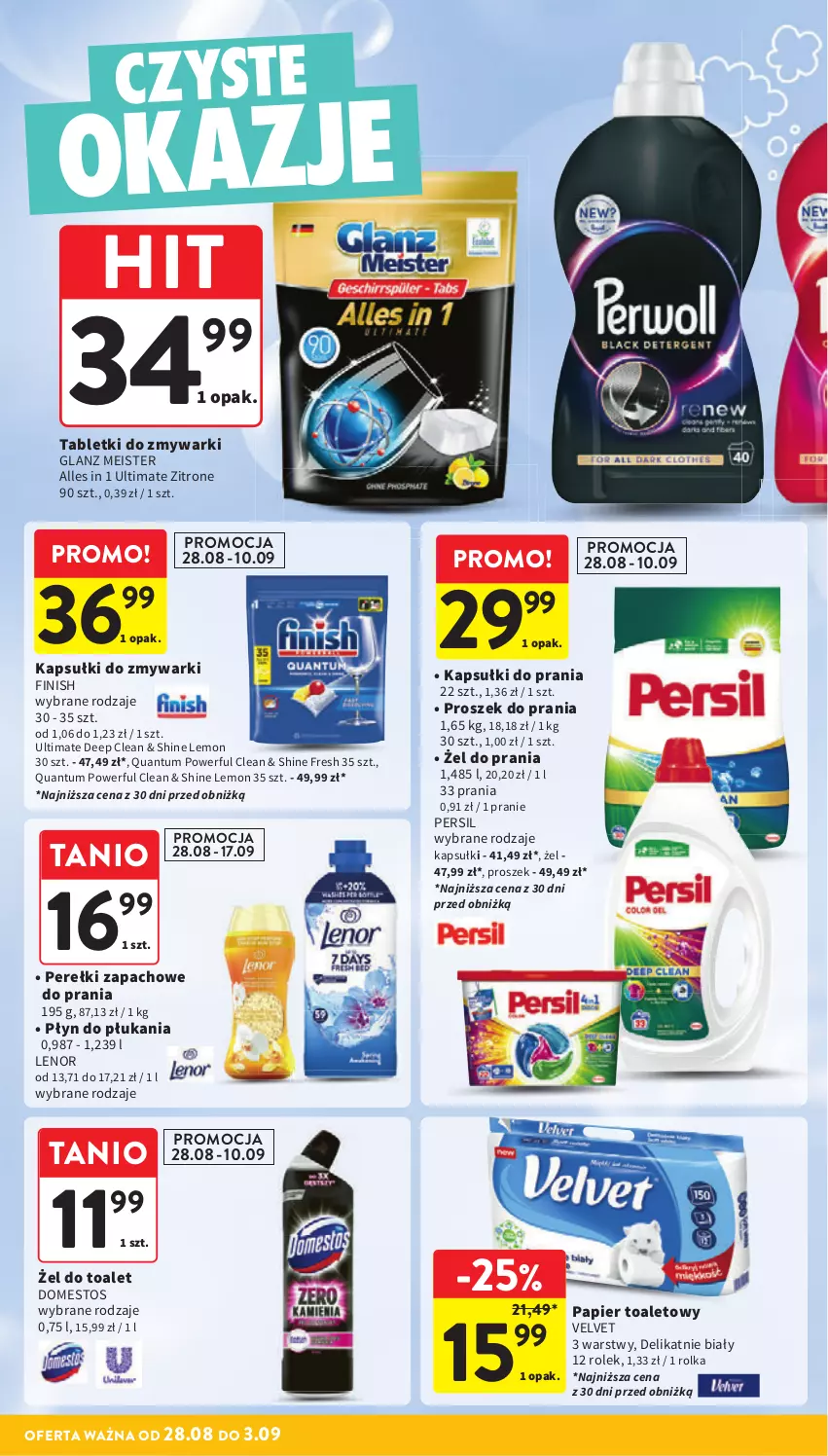 Gazetka promocyjna Intermarche - Gazetka promocyjna - ważna 28.08 do 03.09.2025 - strona 40 - produkty: Domestos, Finish, Kapsułki do prania, Lenor, Papier, Papier toaletowy, Perełki zapachowe, Persil, Płyn do płukania, Proszek do prania, Tablet, Tabletki do zmywarki, Velvet, Zmywarki
