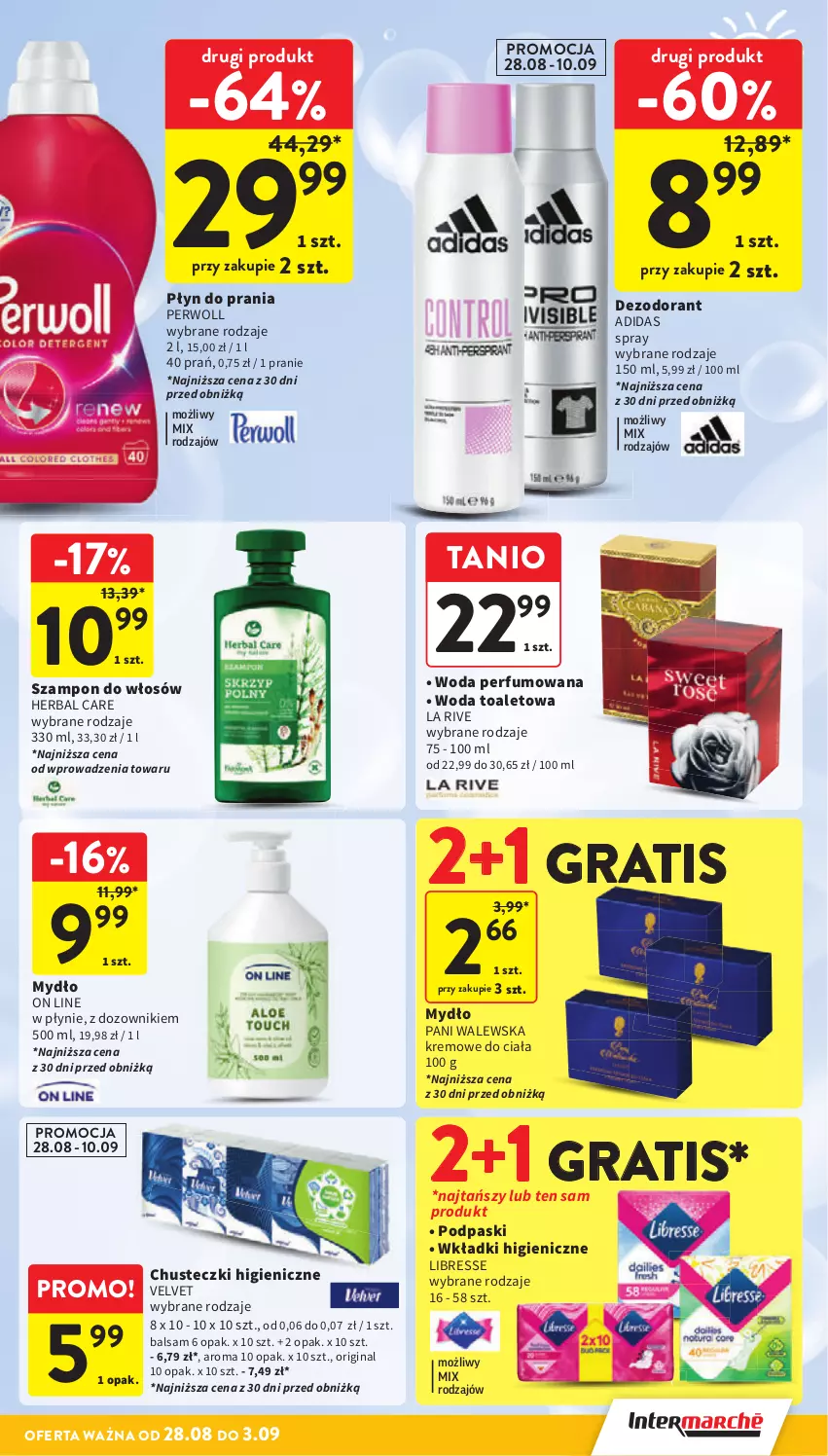 Gazetka promocyjna Intermarche - Gazetka promocyjna - ważna 28.08 do 03.09.2025 - strona 41 - produkty: Adidas, Chusteczki, Dezodorant, Dozownik, Gin, Gra, La Rive, Mydło, Perfum, Perwoll, Płyn do prania, Podpaski, Szampon, Velvet, Wkładki, Woda, Woda perfumowana, Woda toaletowa