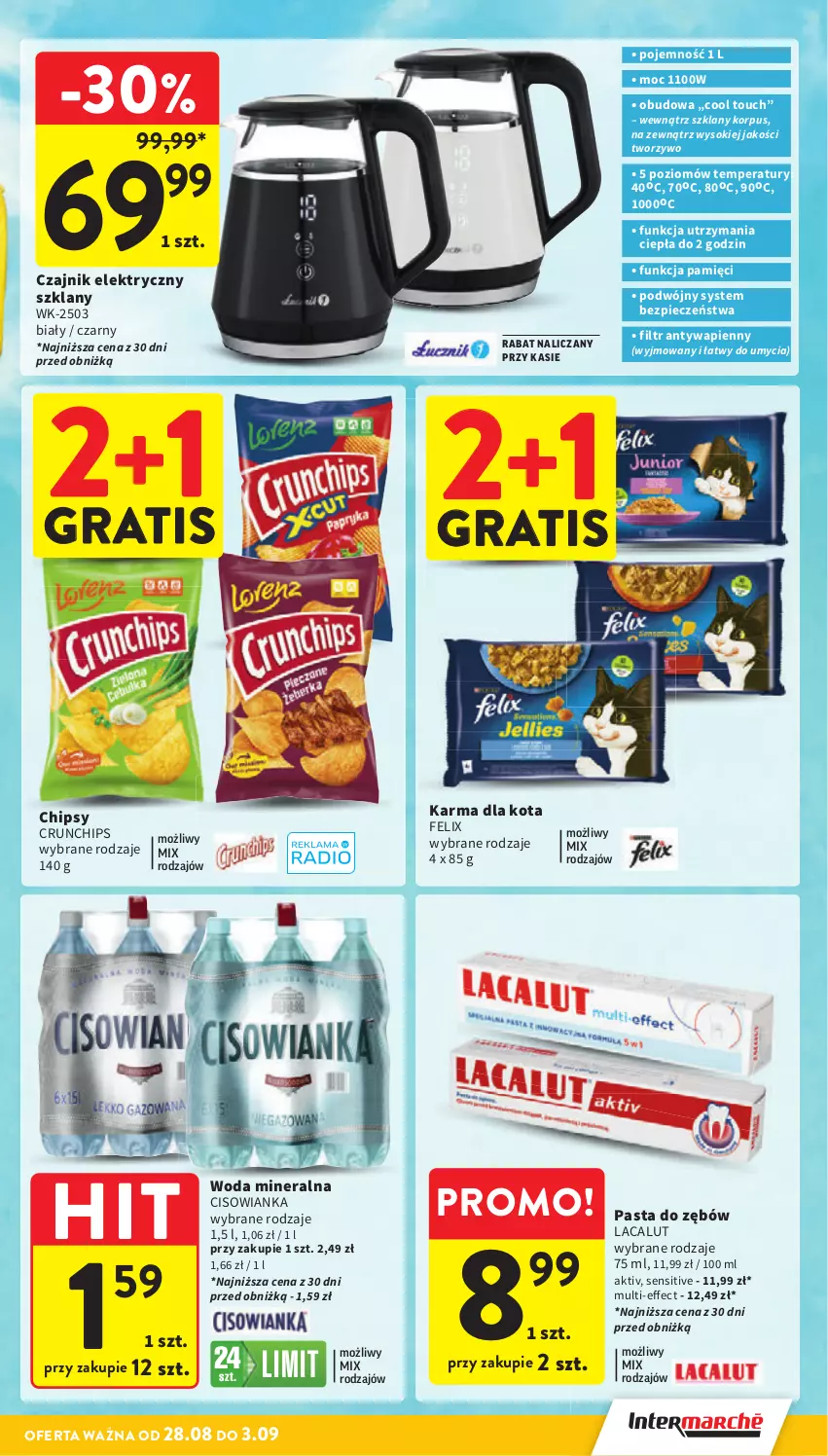 Gazetka promocyjna Intermarche - Gazetka promocyjna - ważna 28.08 do 03.09.2025 - strona 9 - produkty: Chipsy, Cisowianka, Crunchips, Czajnik, Czajnik elektryczny, Felix, Gra, Lacalut, Pasta do zębów, Piec, Sok, Woda, Woda mineralna