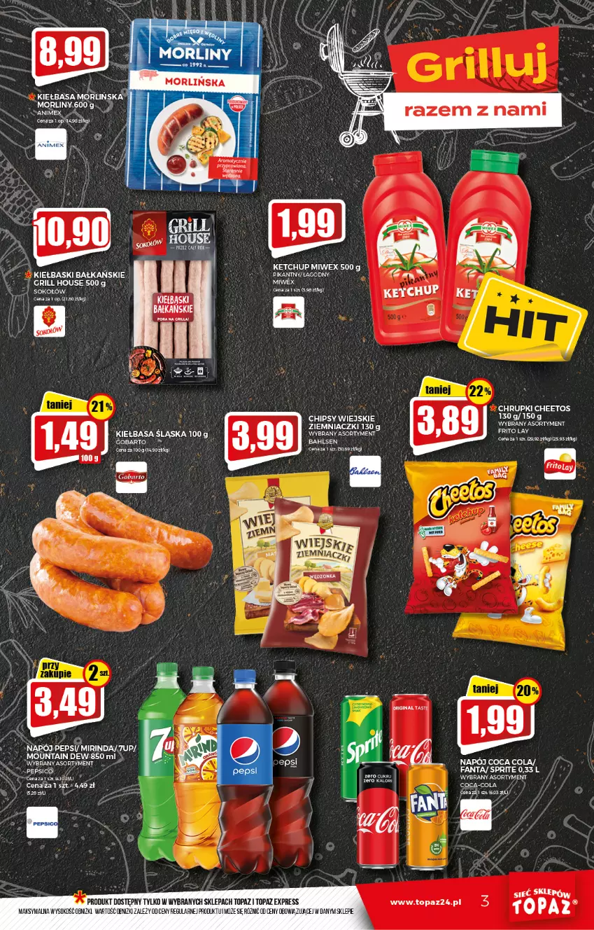 Gazetka promocyjna Topaz - Gazetka - ważna 26.08 do 01.09.2021 - strona 3 - produkty: 7up, Chipsy, Coca-Cola, Fa, Fanta, Gin, Grill, Ketchup, Kiełbasa, Kiełbasa śląska, Mirinda, Morliny, Napój, Pepsi, Sok, Sokołów, Sprite, Top