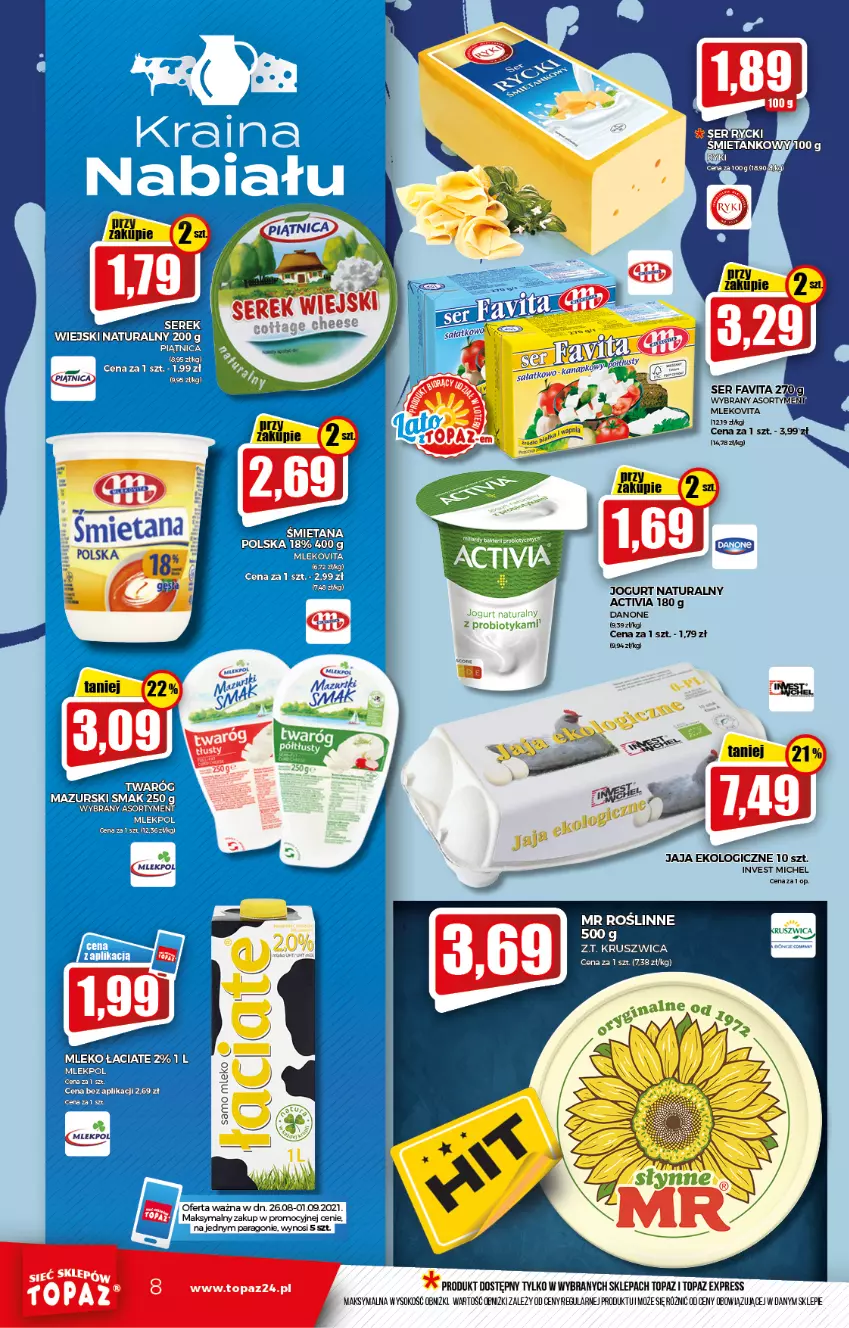 Gazetka promocyjna Topaz - Gazetka - ważna 26.08 do 01.09.2021 - strona 8 - produkty: Activia, Danone, Jaja, Jogurt, Jogurt naturalny, Mleko, Mlekovita, Piątnica, Probiotyk, Sok, Top