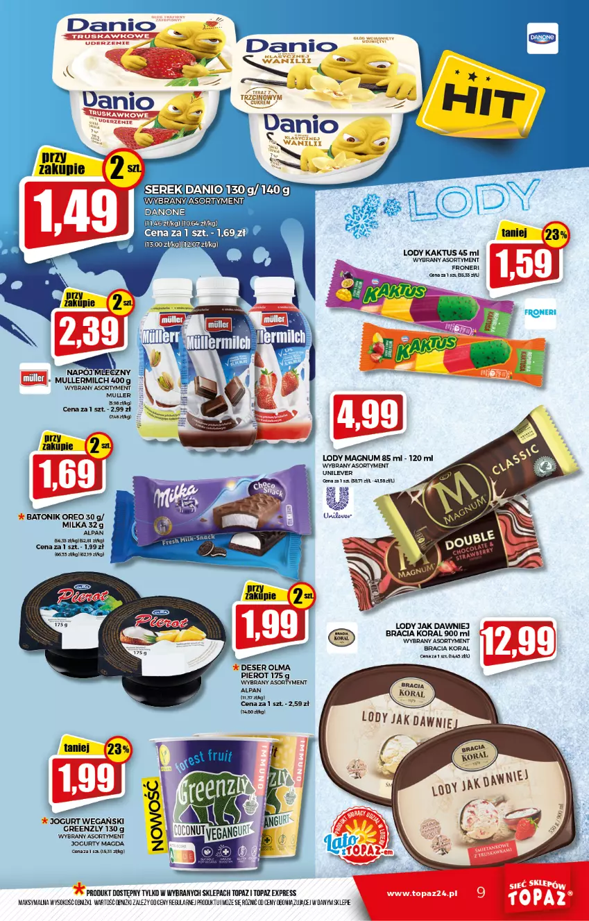 Gazetka promocyjna Topaz - Gazetka - ważna 26.08 do 01.09.2021 - strona 9 - produkty: Baton, Danio, Danone, Deser, Jogurt, Kaktus, Lody, Milka, Olma, Oreo, Ser, Serek, Sok, Tonik, Top