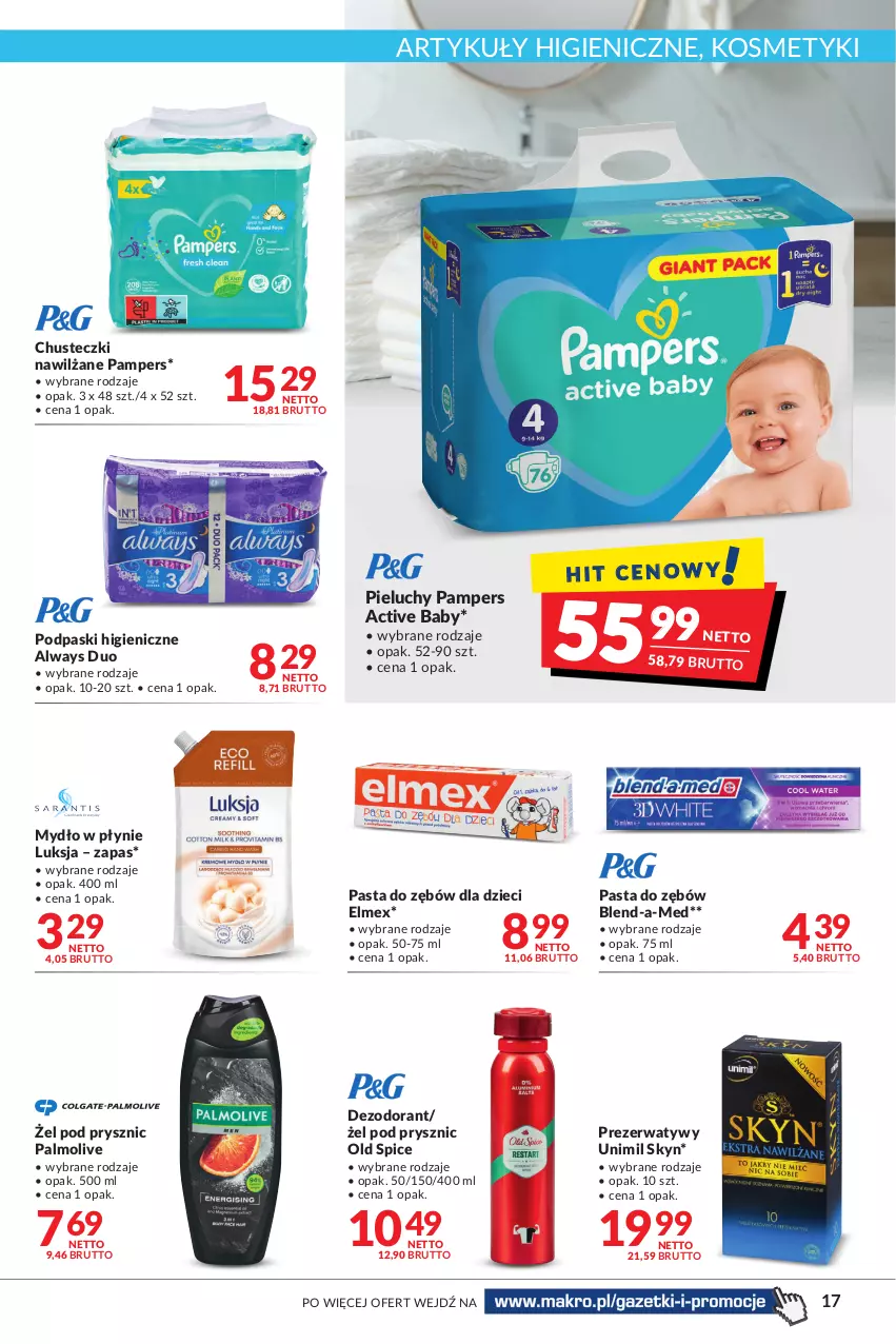 Gazetka promocyjna Makro - [Oferta promocyjna] Artykuły spożywcze i przemysłowe - ważna 26.07 do 08.08.2022 - strona 17 - produkty: Always, Blend-a-Med, Chusteczki, Dezodorant, Dzieci, Elmex, Luksja, Mydło, Mydło w płynie, Old Spice, Palmolive, Pampers, Pasta do zębów, Pieluchy, Podpaski, Prezerwatyw, Skyn, Unimil