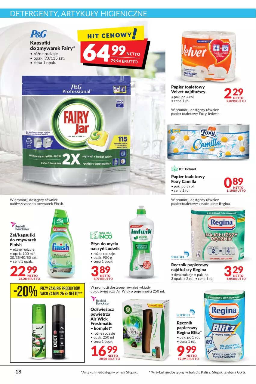 Gazetka promocyjna Makro - [Oferta promocyjna] Artykuły spożywcze i przemysłowe - ważna 26.07 do 08.08.2022 - strona 18 - produkty: Air Wick, Do mycia naczyń, Fa, Fairy, Finish, Foxy, Gin, Ludwik, Odświeżacz powietrza, Papier, Papier toaletowy, Płyn do mycia, Płyn do mycia naczyń, Ręcznik, Velvet