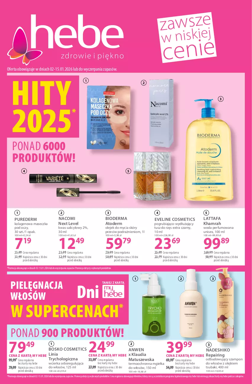 Gazetka promocyjna Hebe - Gazetka - ważna 02.01 do 15.01.2026 - strona 1 - produkty: Atoderm, Bioderma, Eveline, Fa, Gra, Kolagen, Maseczka pod oczy, Nacomi, Olej, Perfum, Pielęgnacja włosów, Pur, Szampon, Tusz, Woda, Woda perfumowana