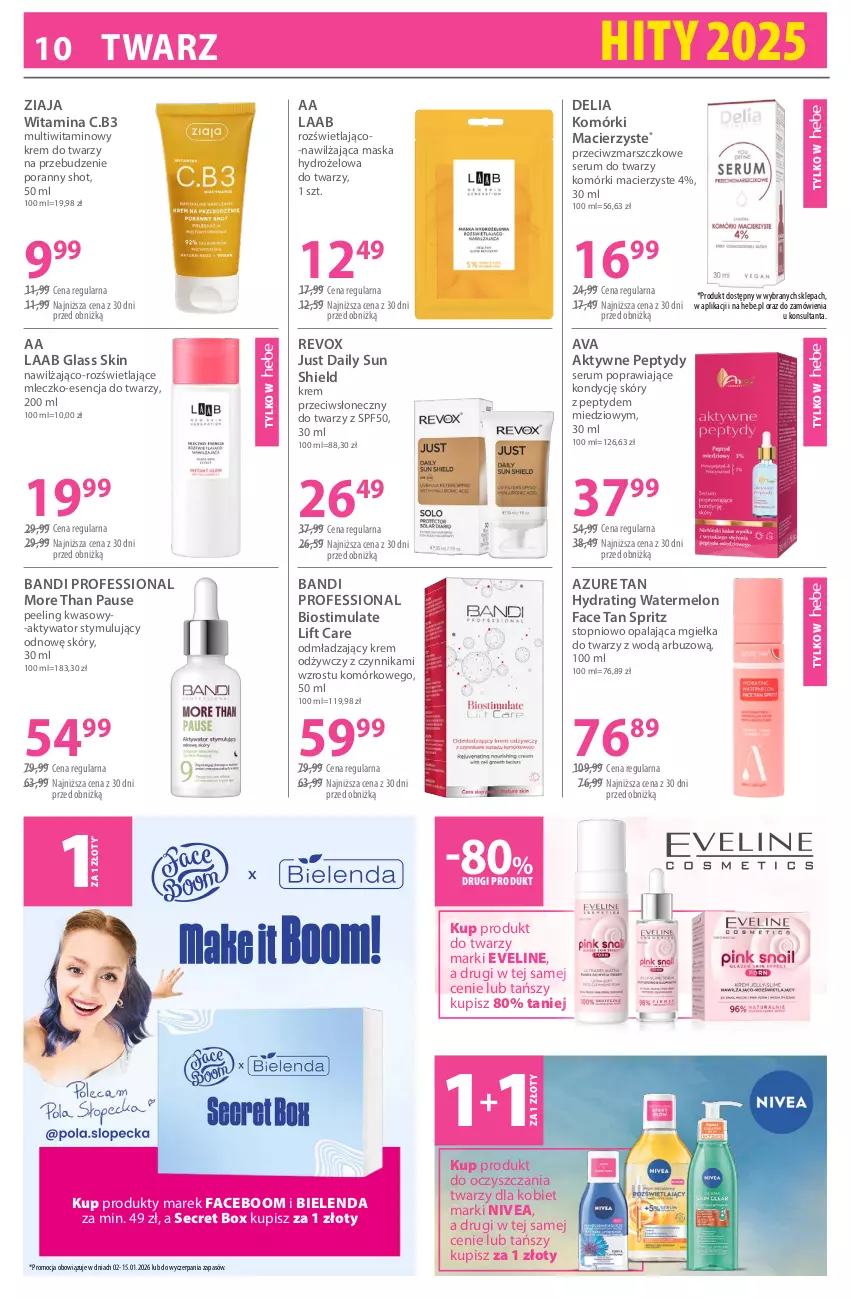 Gazetka promocyjna Hebe - Gazetka - ważna 02.01 do 15.01.2026 - strona 10 - produkty: Arbuz, Bandi, Bielenda, Eveline, Fa, Krem do twarzy, Krem odżywczy, Mars, Maska, Melon, Mgiełka do twarzy, Mleczko, Nivea, Peeling, Por, Rum, Ser, Serum, Serum do twarzy, Top, Ziaja
