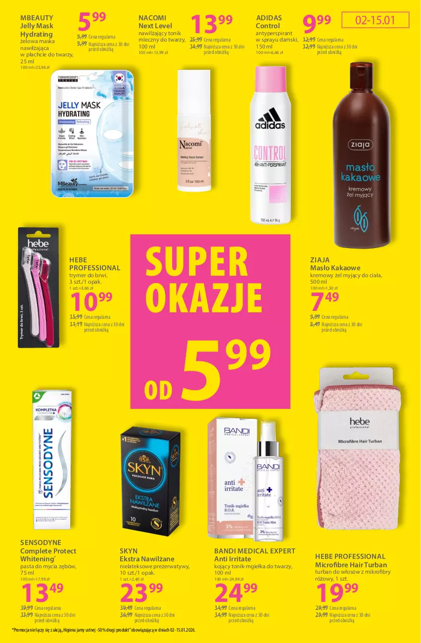 Gazetka promocyjna Hebe - Gazetka - ważna 02.01 do 15.01.2026 - strona 15 - produkty: Adidas, Antyperspirant, Bandi, Control, Higiena jamy ustnej, Kakao, Maska, Masło, Mgiełka do twarzy, Nacomi, Prezerwatyw, Sensodyne, Skyn, Tonik, Ziaja