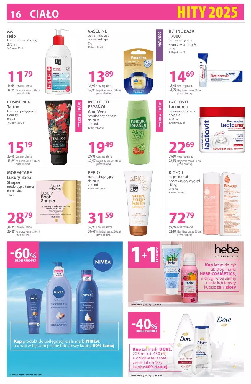 Gazetka promocyjna Hebe - Gazetka - ważna 02.01 do 15.01.2026 - strona 16 - produkty: Aloe vera, Balsam do ciała, Balsam do ust, Bio-Oil, Dove, Fa, Hebe Cosmetics, Krem do rąk, Mus, Nawilżający balsam, Nivea, Olej, Olejek do ciała