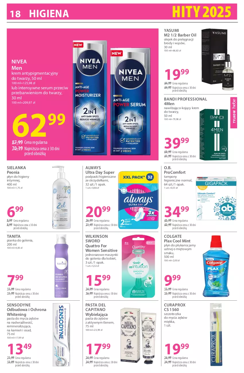 Gazetka promocyjna Hebe - Gazetka - ważna 02.01 do 15.01.2026 - strona 18 - produkty: Always, Always Ultra, Bandi, Colgate, Curaprox, Krem do twarzy, LG, Nivea, Nivea Men, O.B., Olej, Pasta do zębów, Pianka do golenia, Płyn do higieny intymnej, Płyn do płukania, Płyn do płukania jamy ustnej, Podpaski, Rum, Sensodyne, Ser, Serum, Szczoteczka, Tampony, Wilkinson Sword