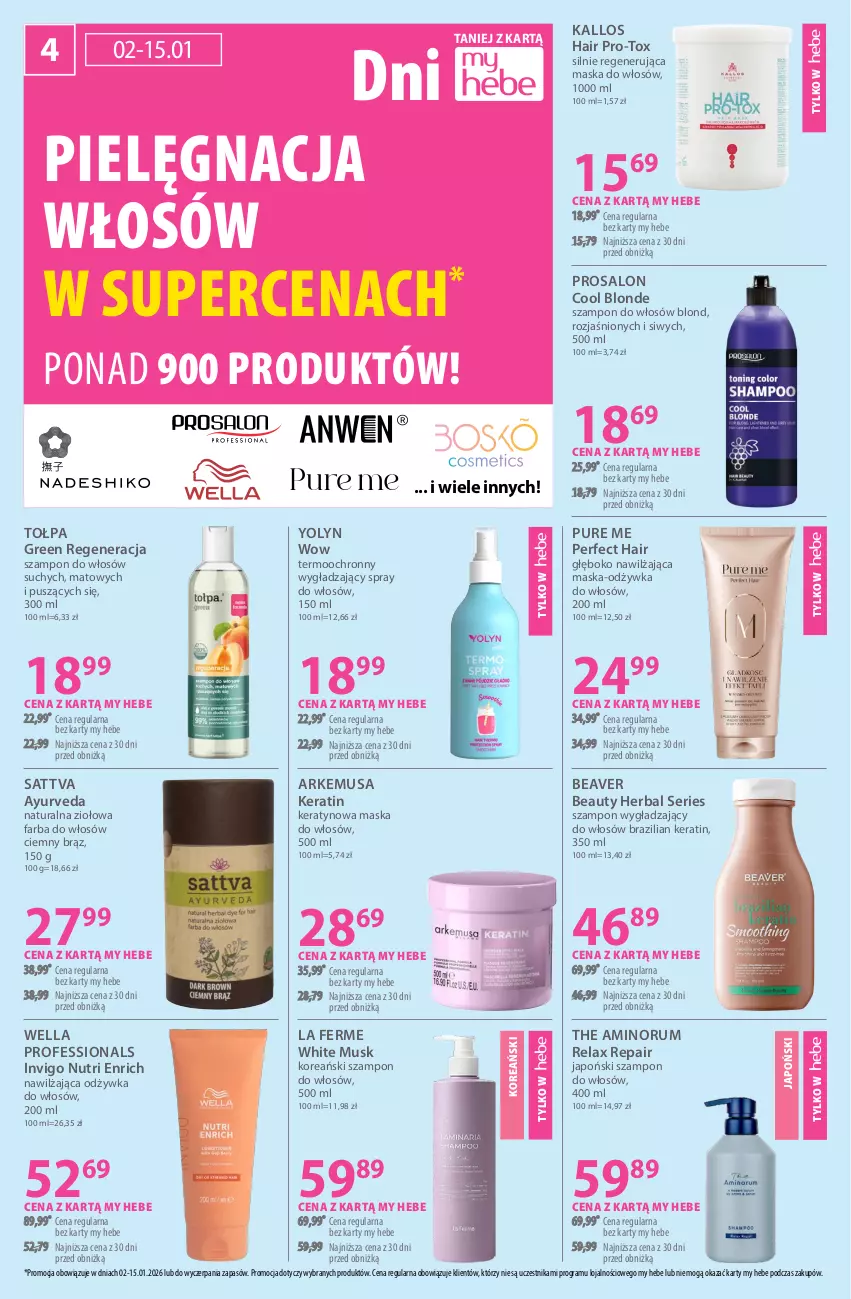 Gazetka promocyjna Hebe - Gazetka - ważna 02.01 do 15.01.2026 - strona 4 - produkty: Be Be, Beaver, Fa, Farba do włosów, Gra, Kallos, Maska, Maska do włosów, Mus, Odżywka, Pielęgnacja włosów, Pur, Regenerująca maska, Rum, Ser, Szampon, Tołpa, Wella