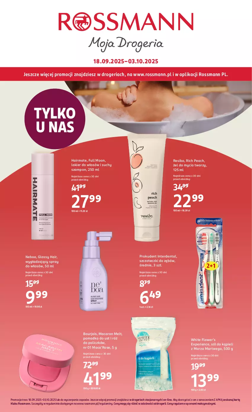 Gazetka promocyjna Rossmann - 18 września - ważna 18.09 do 03.10.2025 - strona 1 - produkty: Bourjois, Lakier, Lakier do włosów, Prokudent, Róż do policzków, Sól, Sól do kąpieli, Suchy szampon, Szampon