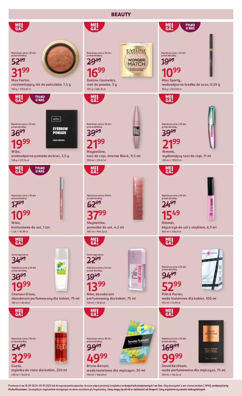 Gazetka promocyjna Rossmann - 18 września - ważna 18.09 do 03.10.2025 - strona 10 - produkty: Bell, Błyszczyk do ust, Bruno Banani, Chanson d’eau, Cień, David Beckham, Dezodorant, Eveline, Fa, Konturówka do ust, Kredka, Lack, Max Factor, Maybelline, Miss Sporty, Nike, Olej, Perfum, Pomada, Pomada do brwi, Por, Róż do policzków, Sport, Tusz, Wibo, Woda, Woda perfumowana, Woda toaletowa