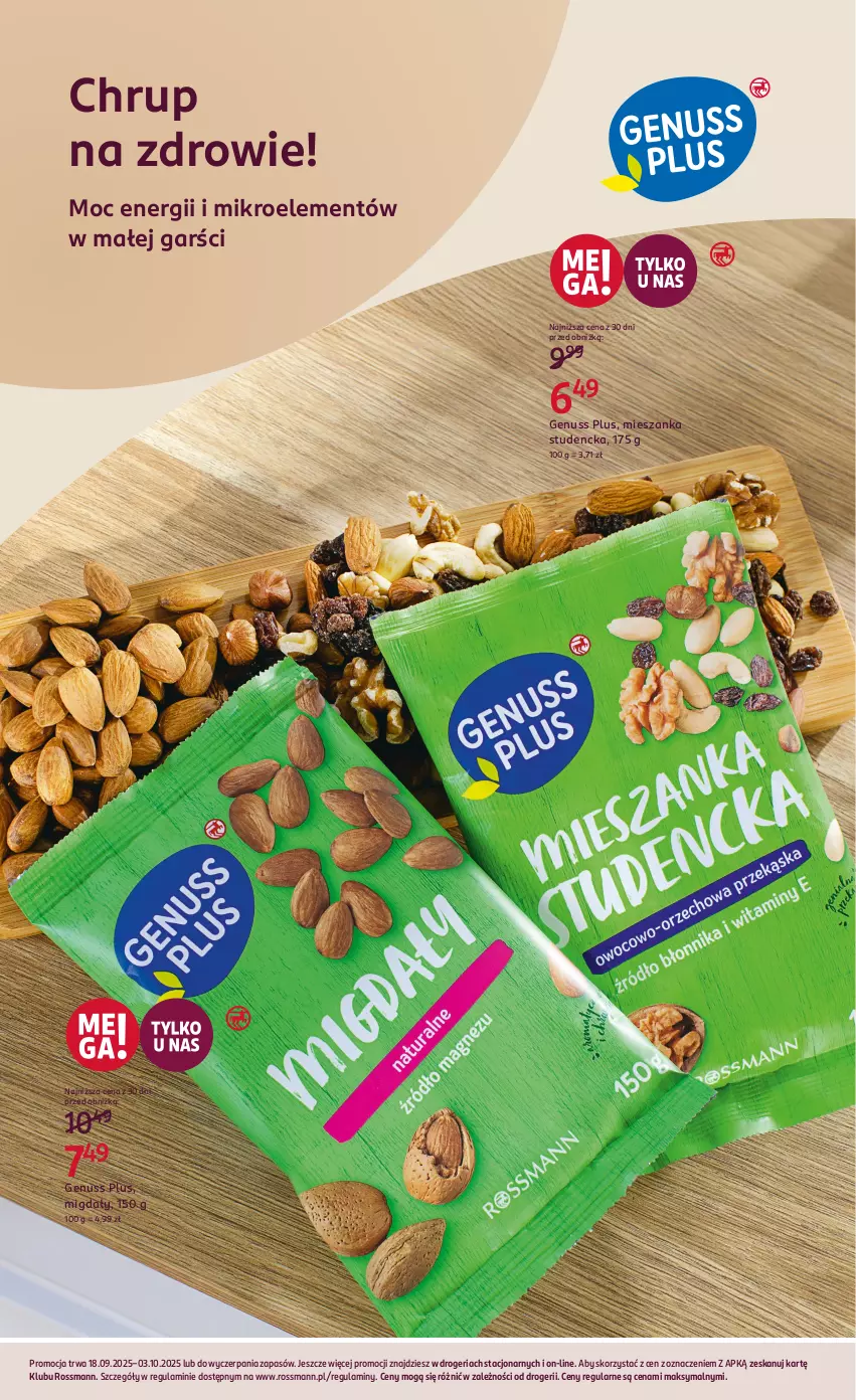 Gazetka promocyjna Rossmann - 18 września - ważna 18.09 do 03.10.2025 - strona 2 - produkty: Genuss Plus, Mieszanka studencka, Migdały, Zdrowie