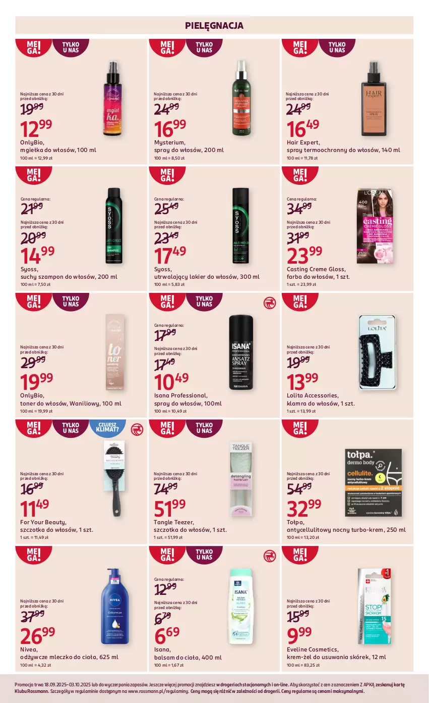 Gazetka promocyjna Rossmann - 18 września - ważna 18.09 do 03.10.2025 - strona 6 - produkty: Balsam do ciała, Eveline, Fa, Farba do włosów, For Your Beauty, Isana, Lakier, Lakier do włosów, Mleczko, Mleczko do ciała, Nivea, Suchy szampon, Syoss, Szampon, Szczotka, Szczotka do włosów, Tangle Teezer, Tołpa