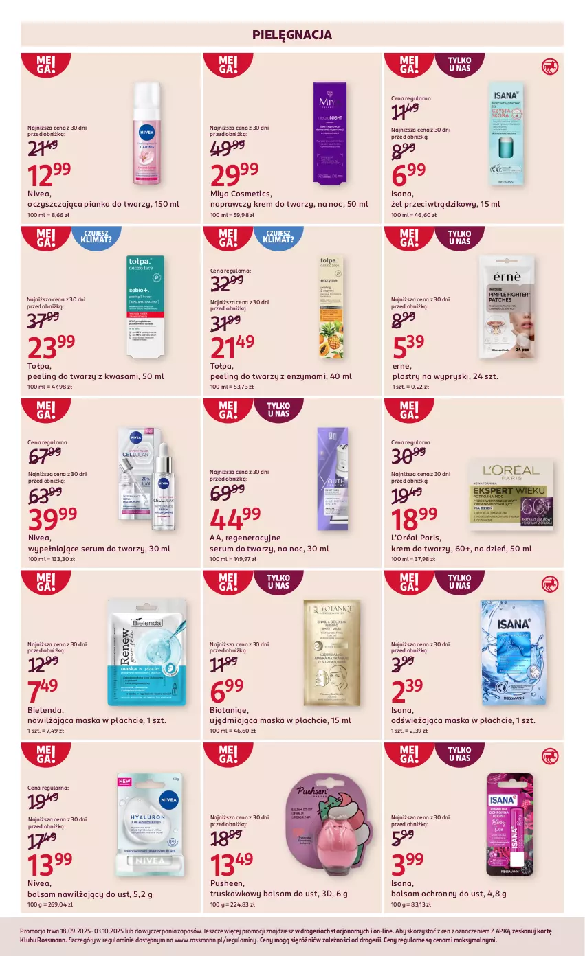 Gazetka promocyjna Rossmann - 18 września - ważna 18.09 do 03.10.2025 - strona 8 - produkty: Balsam do ust, Bielenda, Isana, Krem do twarzy, L’Oréal, Maska, Maska w płachcie, Miya Cosmetics, Nivea, Peeling, Rum, Ser, Serum, Serum do twarzy, Tołpa, Wasa