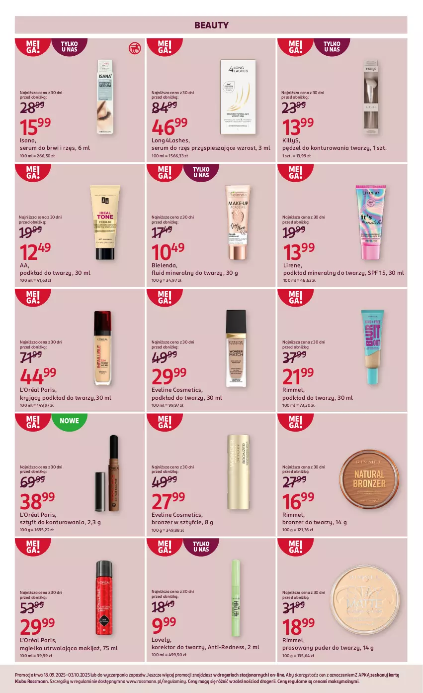 Gazetka promocyjna Rossmann - 18 września - ważna 18.09 do 03.10.2025 - strona 9 - produkty: Bielenda, Bronzer, Eveline, Isana, Killys, Korektor do twarzy, L’Oréal, Lirene, Lovely, Makijaż, Podkład, Podkład do twarzy, Puder, Puder do twarzy, Rum, Ser, Serum