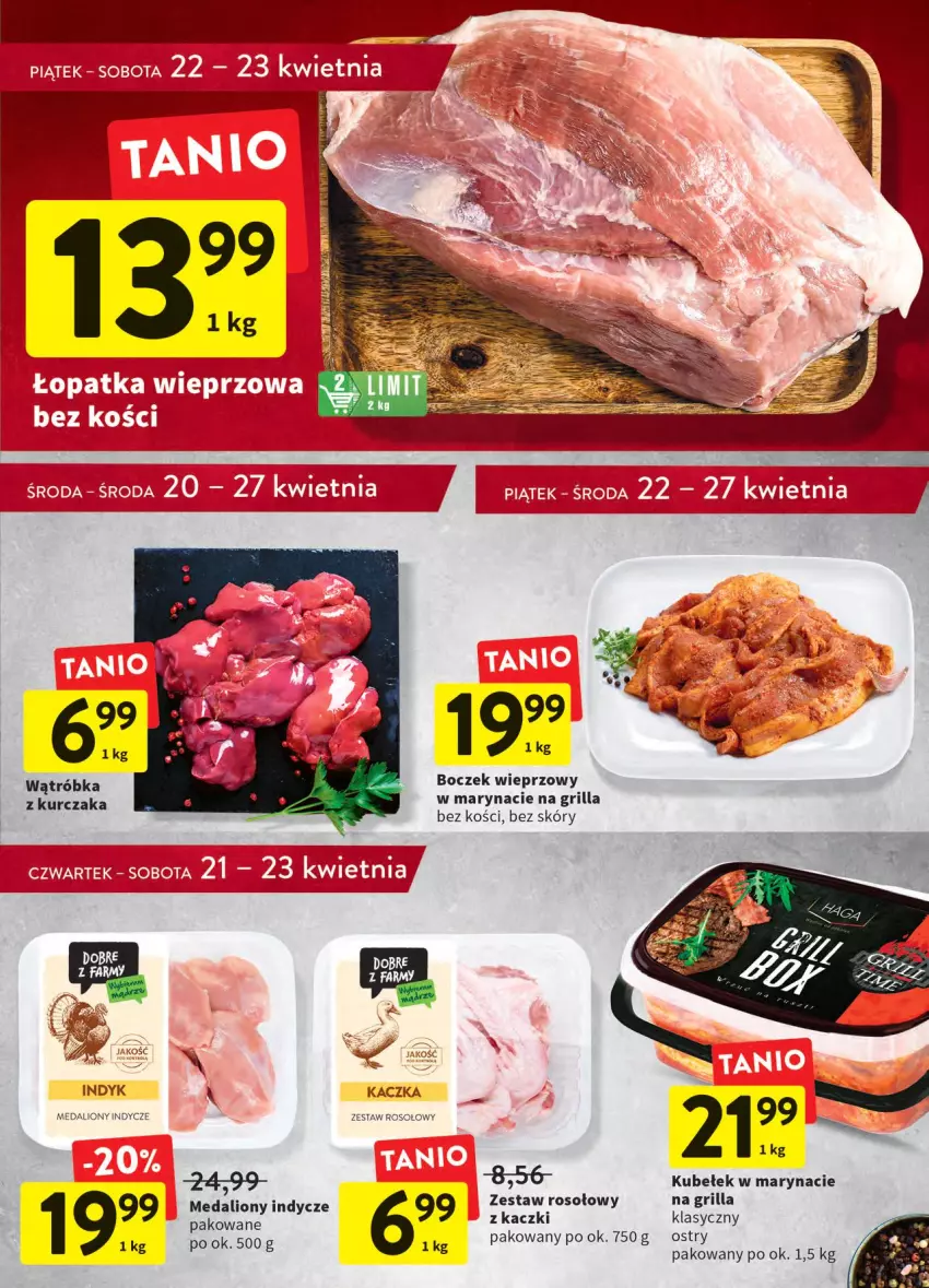 Gazetka promocyjna Intermarche - ważna 20.04 do 27.04.2022 - strona 13 - produkty: Boczek, Boczek wieprzowy, Grill, Kaczka, Kurczak, Lion, Medaliony indycze, Zestaw rosołowy z kaczki