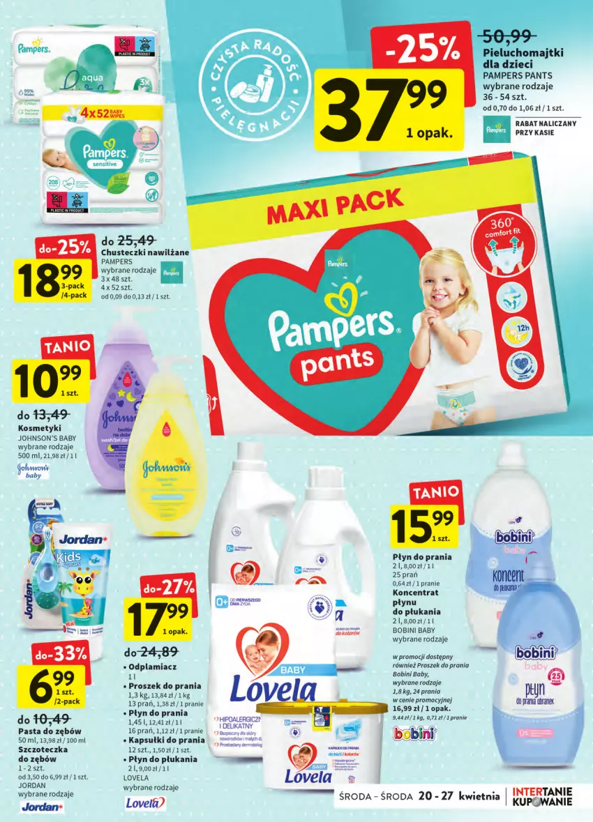 Gazetka promocyjna Intermarche - ważna 20.04 do 27.04.2022 - strona 29 - produkty: Chusteczki, Johnson's, Johnson's Baby, Kapsułki do prania, Lovela, Odplamiacz, Pampers, Pasta do zębów, Płyn do płukania, Płyn do prania, Proszek do prania, Szczoteczka, Szczoteczka do zębów