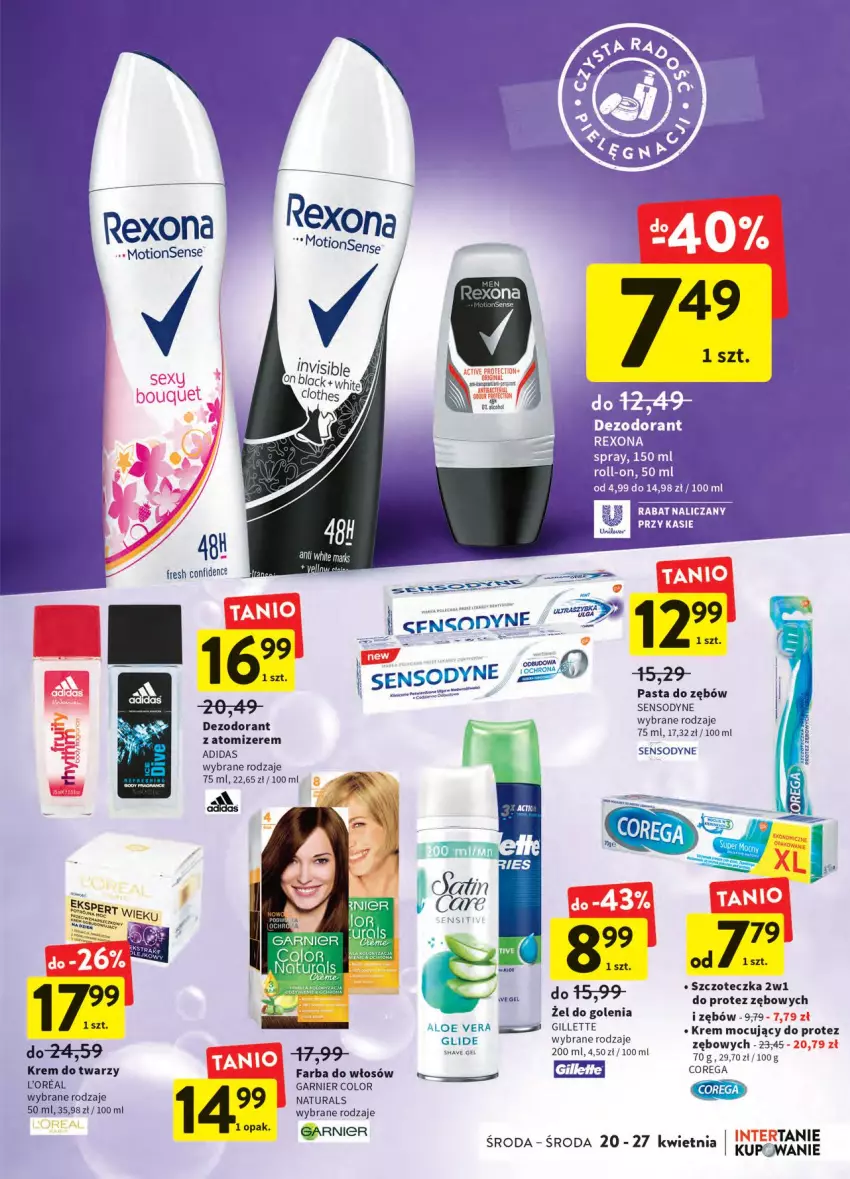 Gazetka promocyjna Intermarche - ważna 20.04 do 27.04.2022 - strona 31 - produkty: Adidas, Corega, Dezodorant, Fa, Farba do włosów, Garnier, Gillette, Krem do twarzy, LG, Pasta do zębów, Rexona, Sensodyne, Szczoteczka