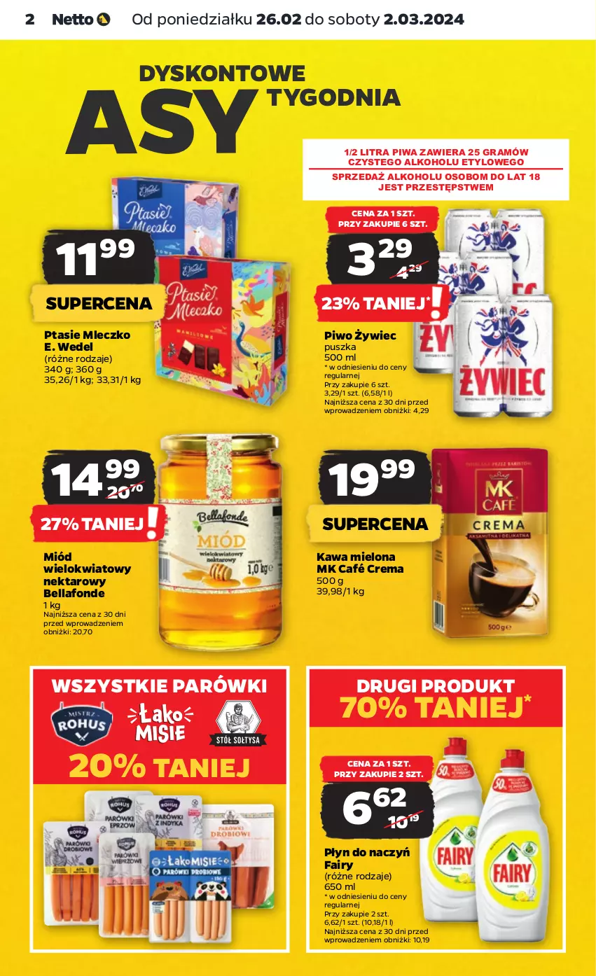 Gazetka promocyjna Netto - Artykuły spożywcze - ważna 26.02 do 02.03.2024 - strona 2 - produkty: Bell, Bella, E. Wedel, Fa, Fairy, Gra, Kawa, Kawa mielona, Miód, Mleczko, Nektar, Parówki, Piwa, Piwo, Ptasie mleczko