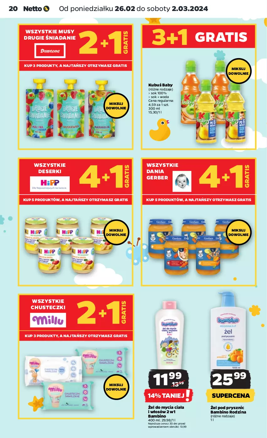 Gazetka promocyjna Netto - Artykuły spożywcze - ważna 26.02 do 02.03.2024 - strona 20 - produkty: Chusteczki, Deser, Gerber, Gra, Kubuś, Mus, Ser, Sok, Woda