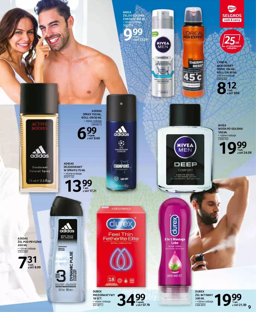 Gazetka promocyjna Selgros - Katalog Uroda - ważna 19.04 do 04.05.2022 - strona 9 - produkty: Adidas, Dezodorant, Durex, L’Oréal, Nivea, Prezerwatyw, Woda, Woda po goleniu