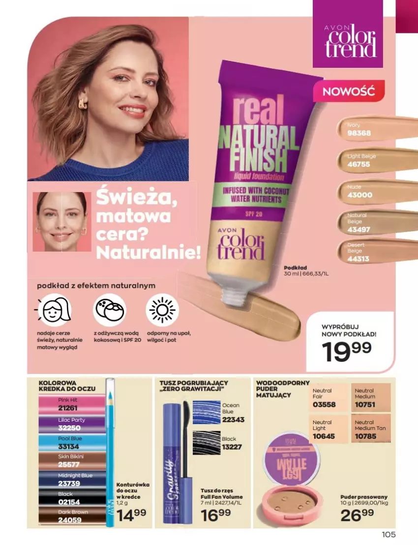 Gazetka promocyjna Avon - Katalog Avon 8/2022 kampania sierpień - ważna 01.08 do 31.08.2022 - strona 105 - produkty: Fa, Gra, Kokos, LG, Podkład, Por, Puder, Puder prasowany, Tusz