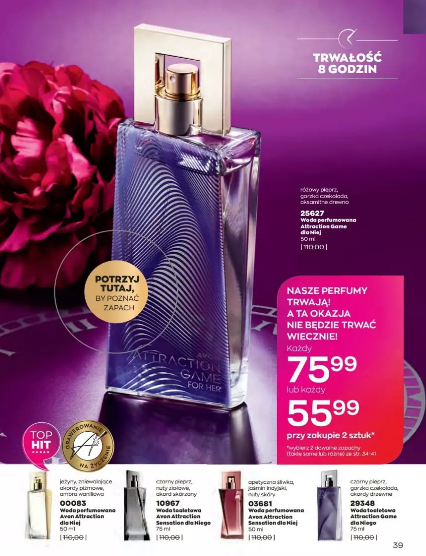 Gazetka promocyjna Avon - Katalog Avon 8/2022 kampania sierpień - ważna 01.08 do 31.08.2022 - strona 39 - produkty: Aksam, Czekolada, Fa, Perfum, Róża, Sati, Woda, Woda perfumowana, Woda toaletowa