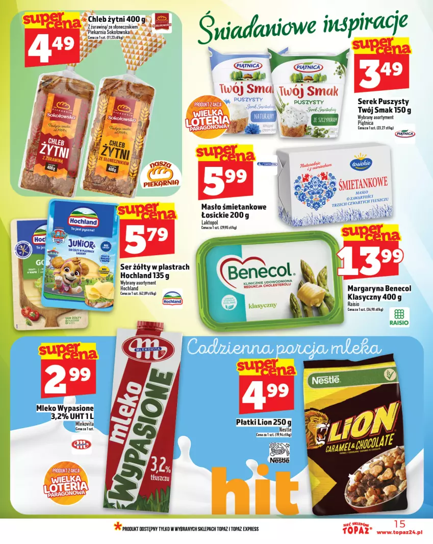 Gazetka promocyjna Topaz - Gazetka - ważna 25.09 do 01.10.2025 - strona 15 - produkty: Benecol, Chleb, Danio, Fa, Hochland, Lion, Margaryna, Masło, Mleko, Mlekovita, Ser, Serek, Serek puszysty, Sok, Top