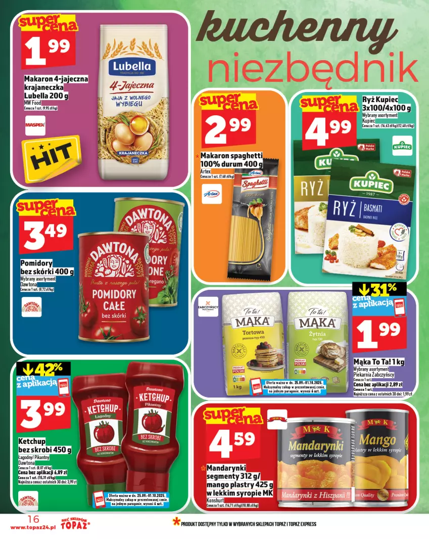 Gazetka promocyjna Topaz - Gazetka - ważna 25.09 do 01.10.2025 - strona 16 - produkty: Bell, Bella, Jaja, Lubella, Makaron, Mandarynki, Mango, Rum, Spaghetti, Syrop, Top