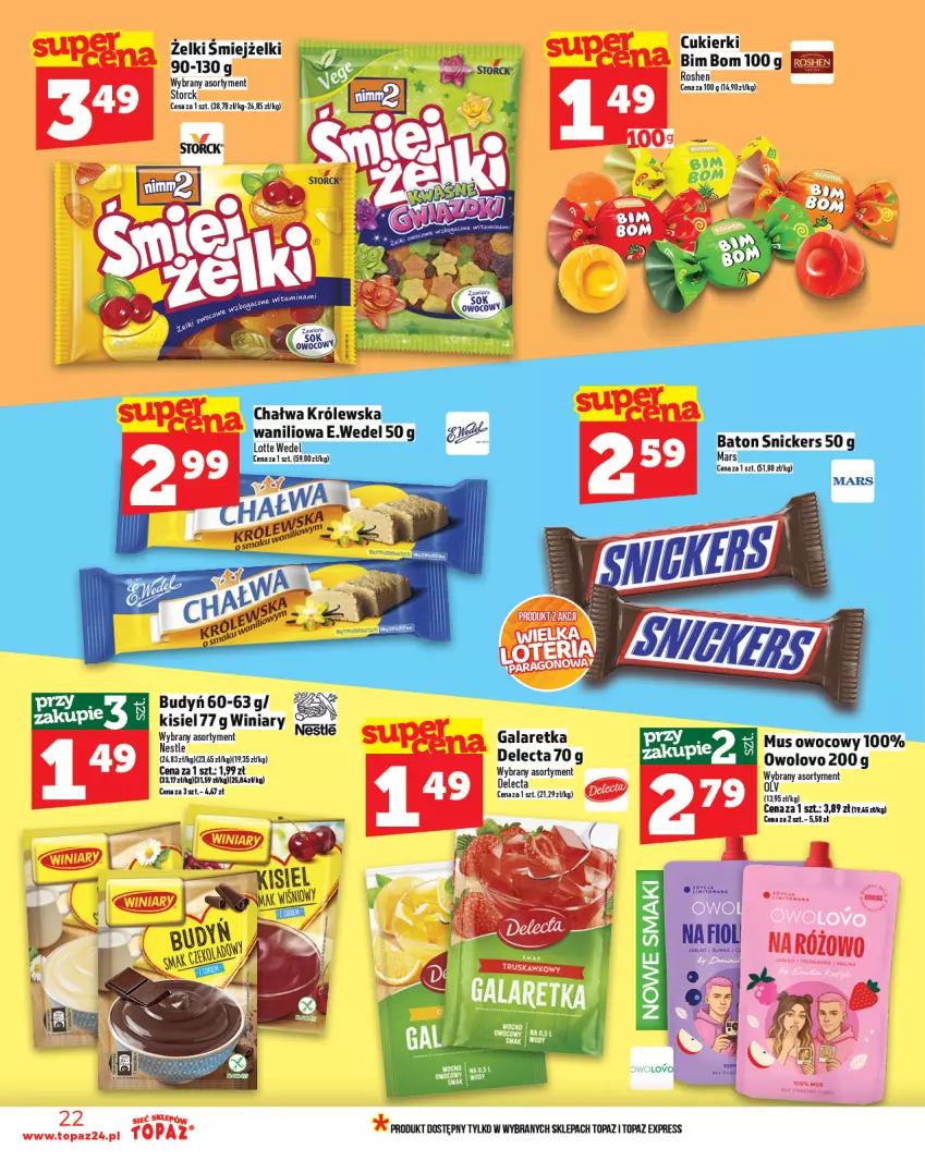 Gazetka promocyjna Topaz - Gazetka - ważna 25.09 do 01.10.2025 - strona 22 - produkty: Baton, Budyń, Chałwa, Cukier, Cukierki, Delecta, Gala, Galaretka, Kisiel, Mars, Mus, Snickers, Top, Winiary