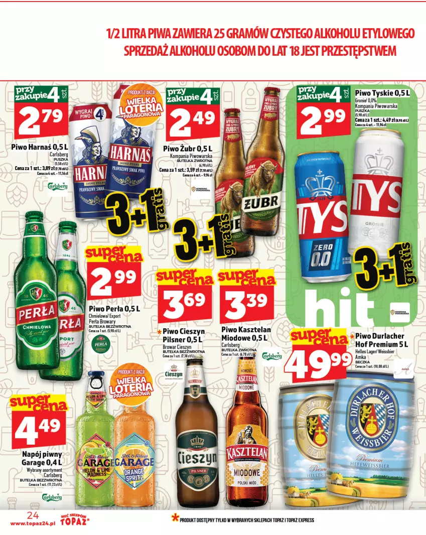 Gazetka promocyjna Topaz - Gazetka - ważna 25.09 do 01.10.2025 - strona 24 - produkty: Carlsberg, Harnaś, Kasztelan, Miód, Napój, Perła, Piwo, Por, Top