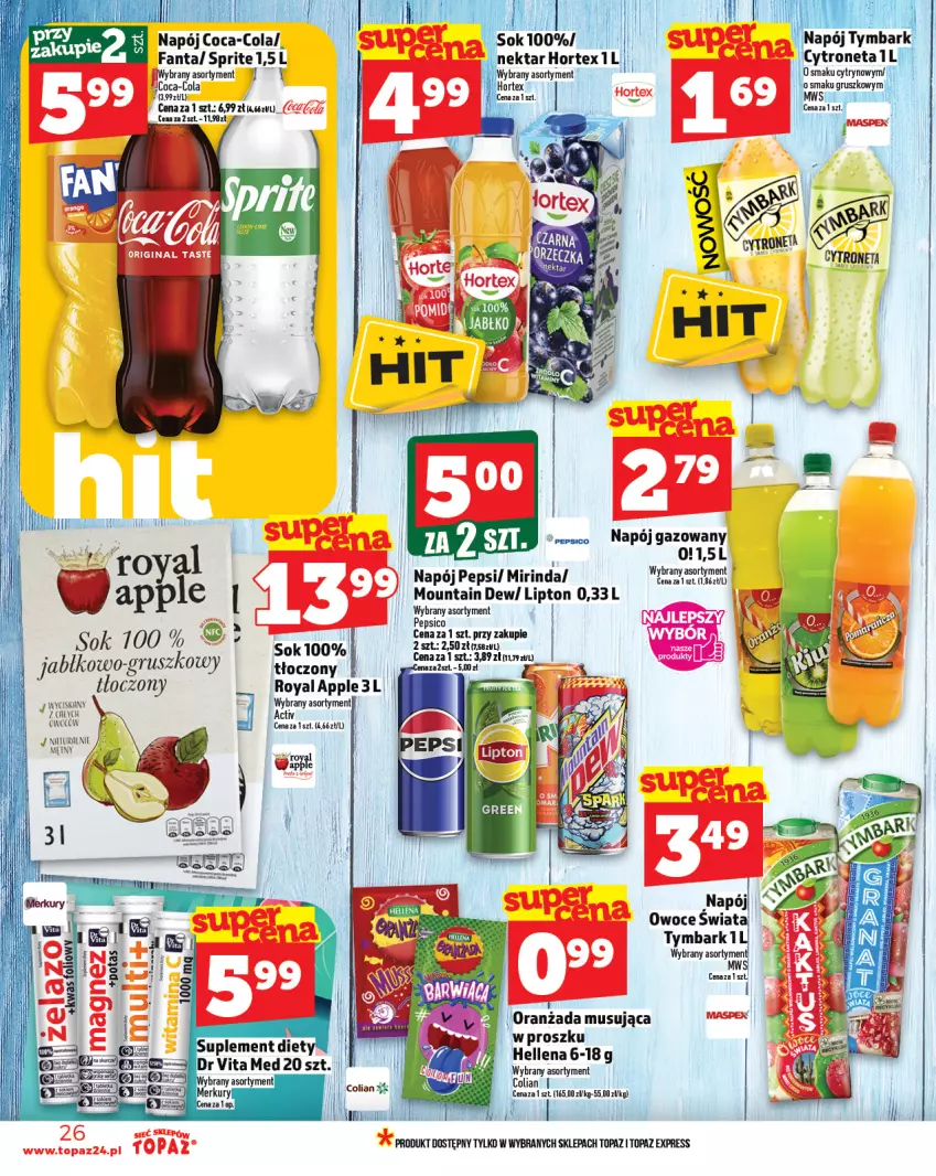Gazetka promocyjna Topaz - Gazetka - ważna 25.09 do 01.10.2025 - strona 26 - produkty: Coca-Cola, Dr Vita, Fa, Fanta, Lipton, Mirinda, Mus, Napój, Napój gazowany, Oranżada, Owoce, Pepsi, Sok, Top, Tymbark